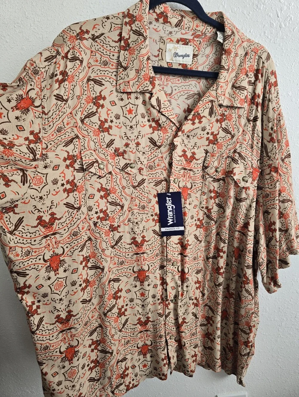 Wrangler Wild West Cowboy Print Pearl Snap Camp Shirt Tan NWT  XXL